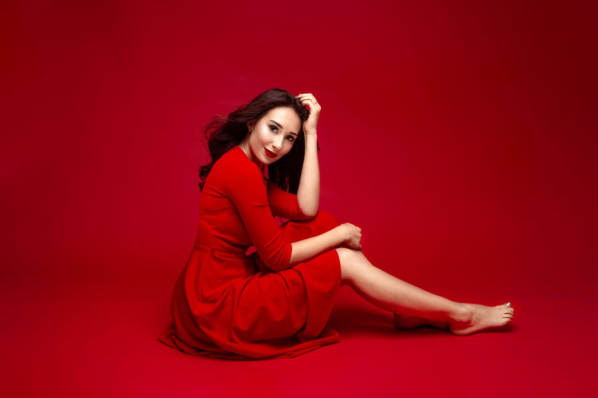 Elegant Model in Red Dress with Black Hair – HD Wallpaper Glamour ...