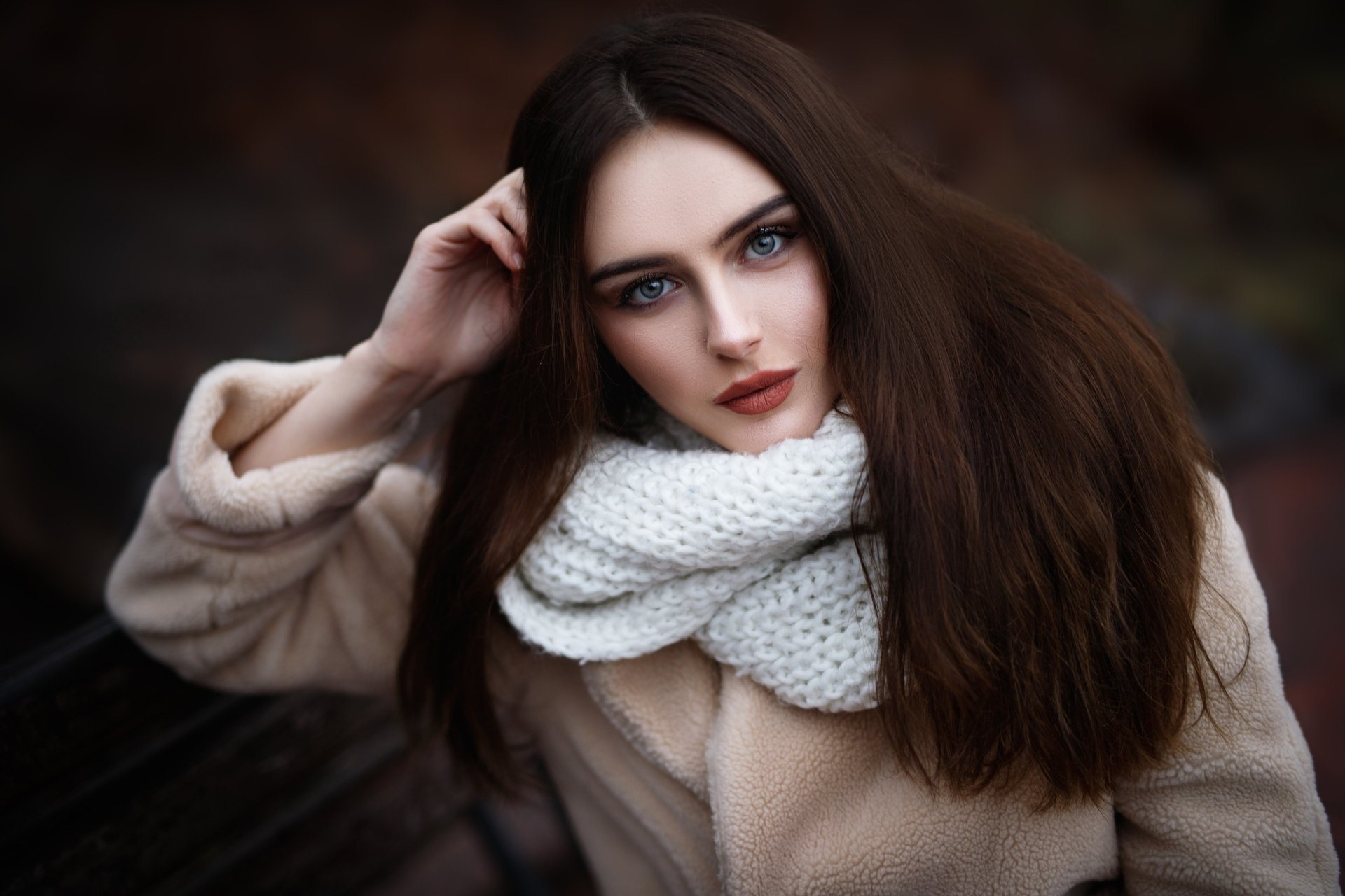 Download Blue Eyes Brunette Lipstick Scarf Face Woman Model HD Wallpaper by Maxim Romanov