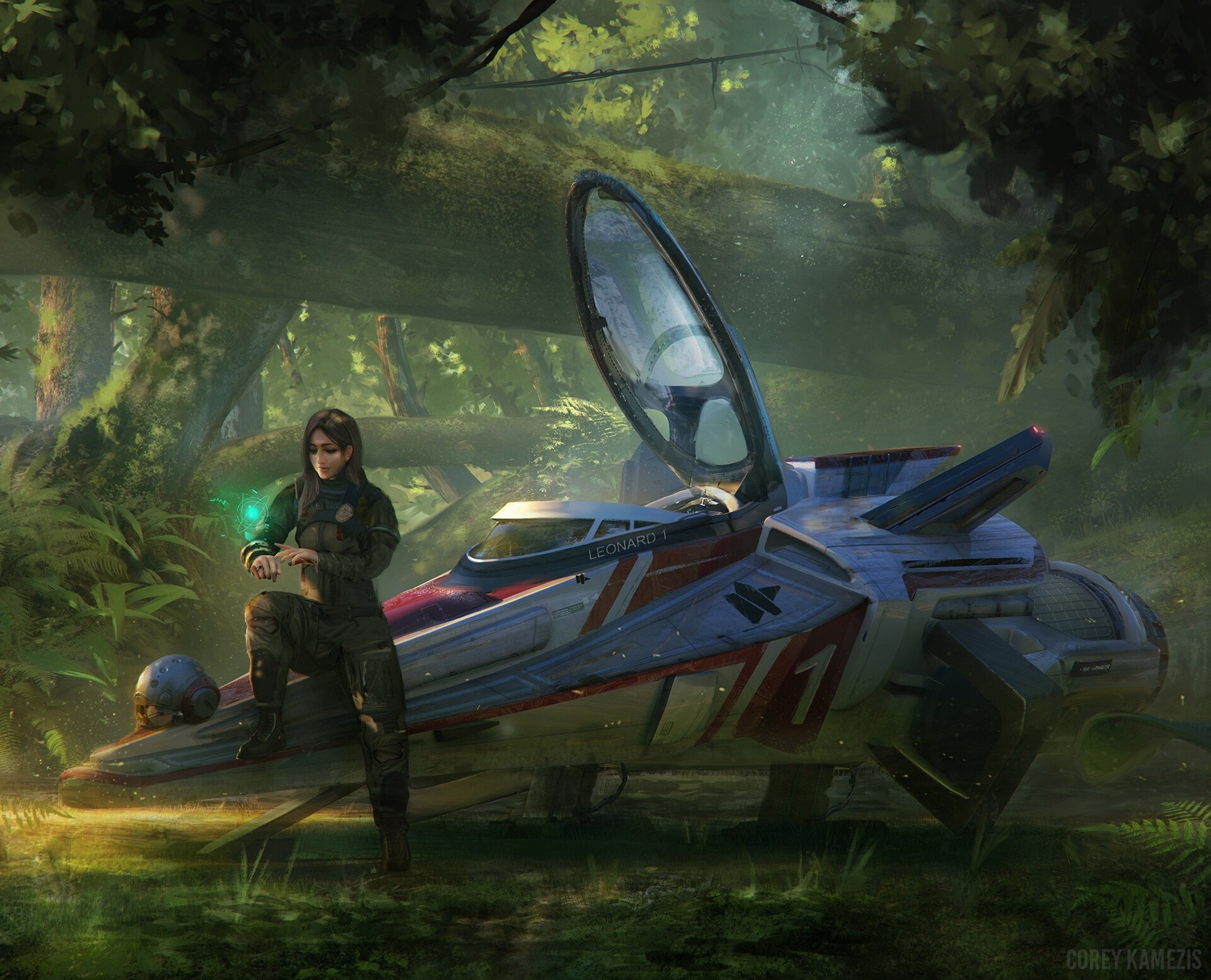 HD PC desktop wallpaper featuring a sci-fi pilot standing beside a sleek spaceship in a dense, lush forest environment.