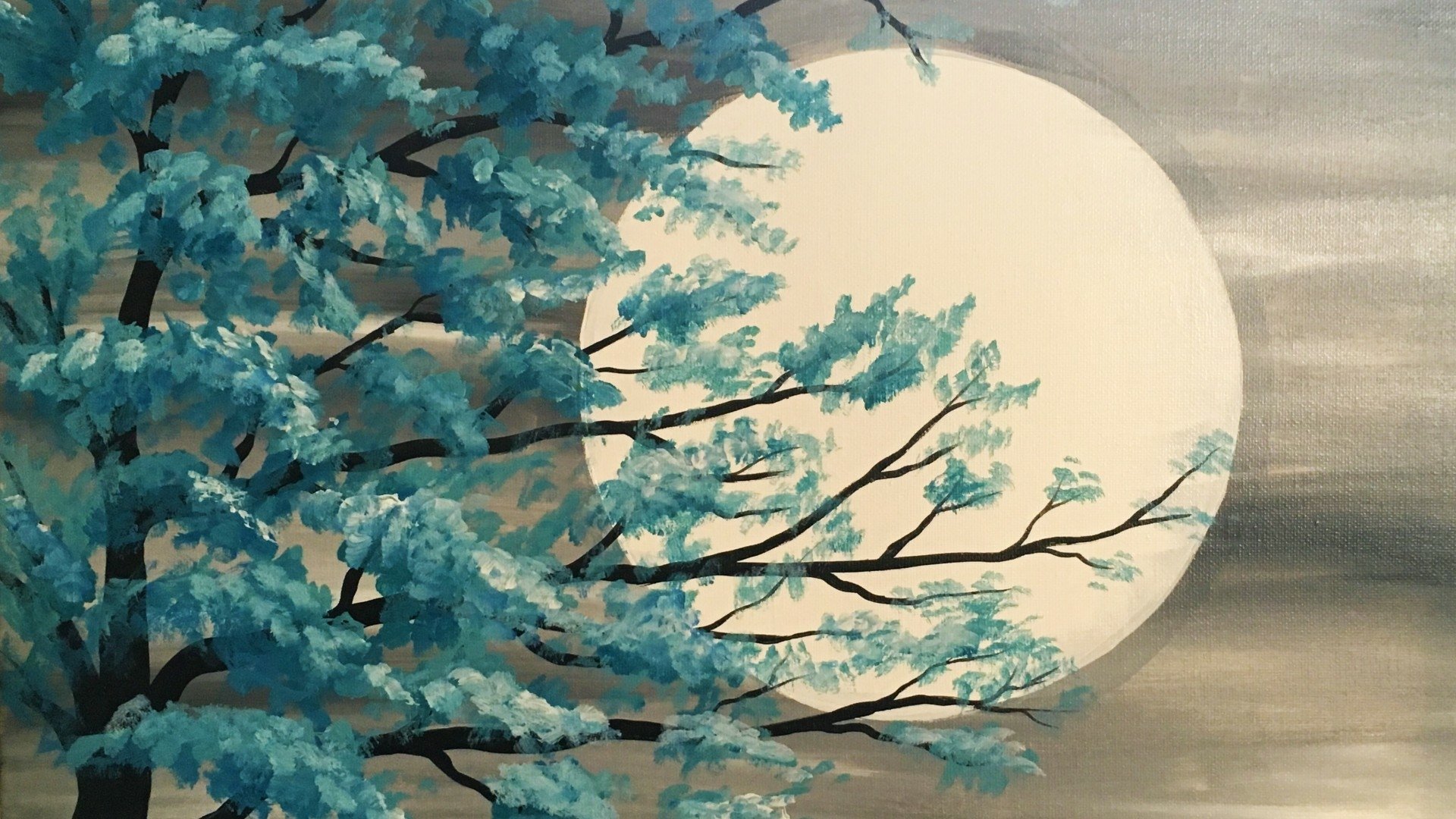 HD artistic painting of a full moon glowing behind tree branches with blue-green leaves, designed as a PC desktop wallpaper and background.
