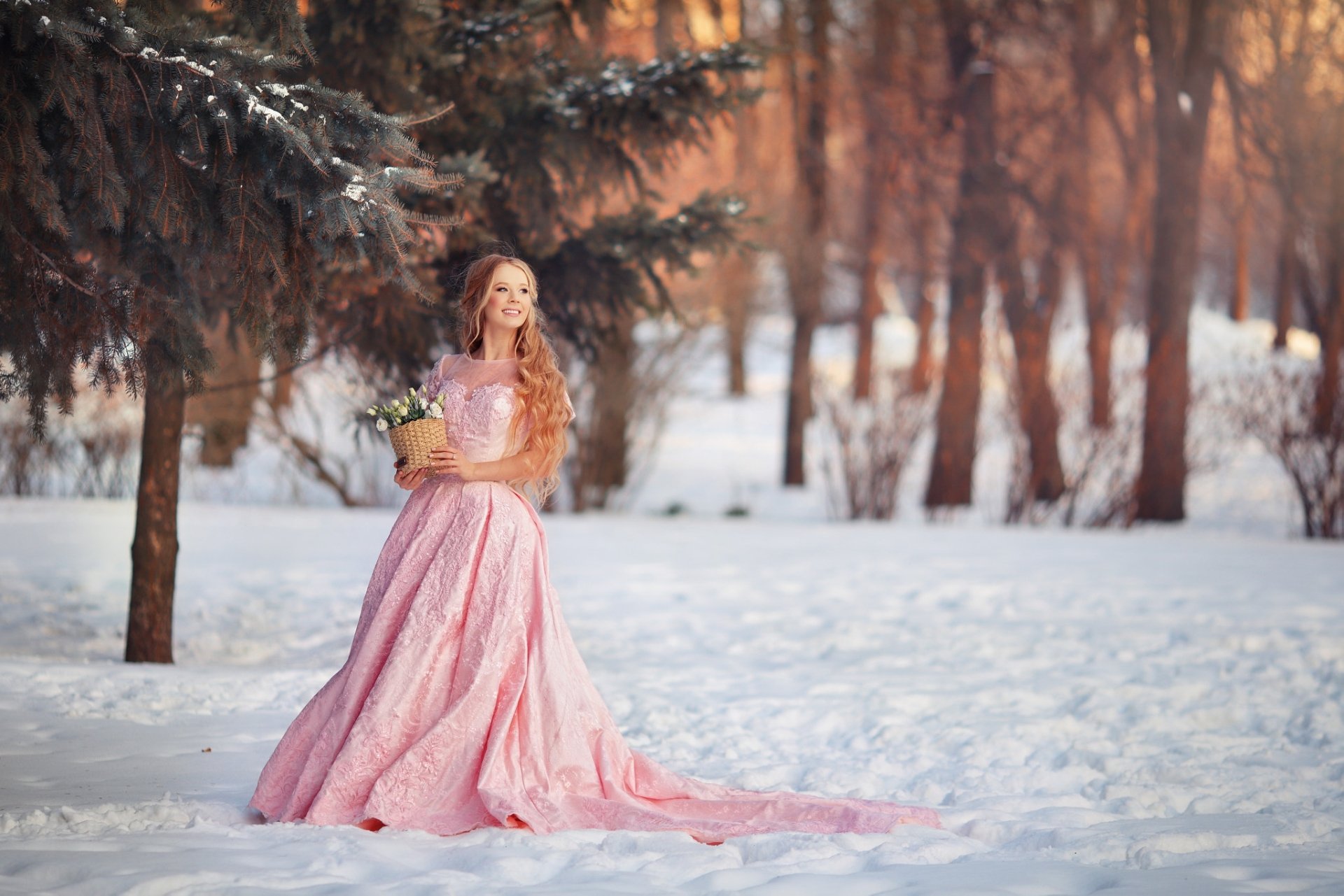 Download Pink Dress Depth Of Field Blonde Long Hair Smile Winter Woman ...