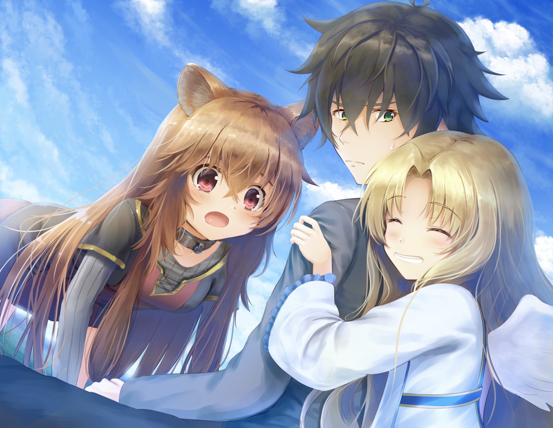 HD anime wallpaper featuring Naofumi Iwatani, Raphtalia, and Filo from The Rising of the Shield Hero against a bright blue sky background.