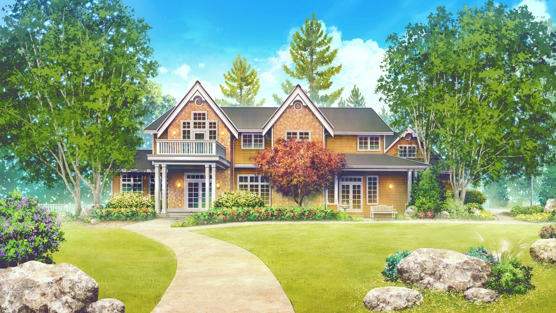 Anime-style HD desktop wallpaper featuring a charming house surrounded by lush greenery, trees, and a winding path under a bright blue sky.