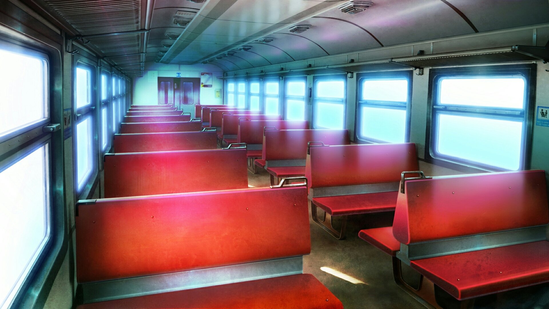 HD anime train interior with red seats and bright windows, designed as a PC desktop wallpaper and background.