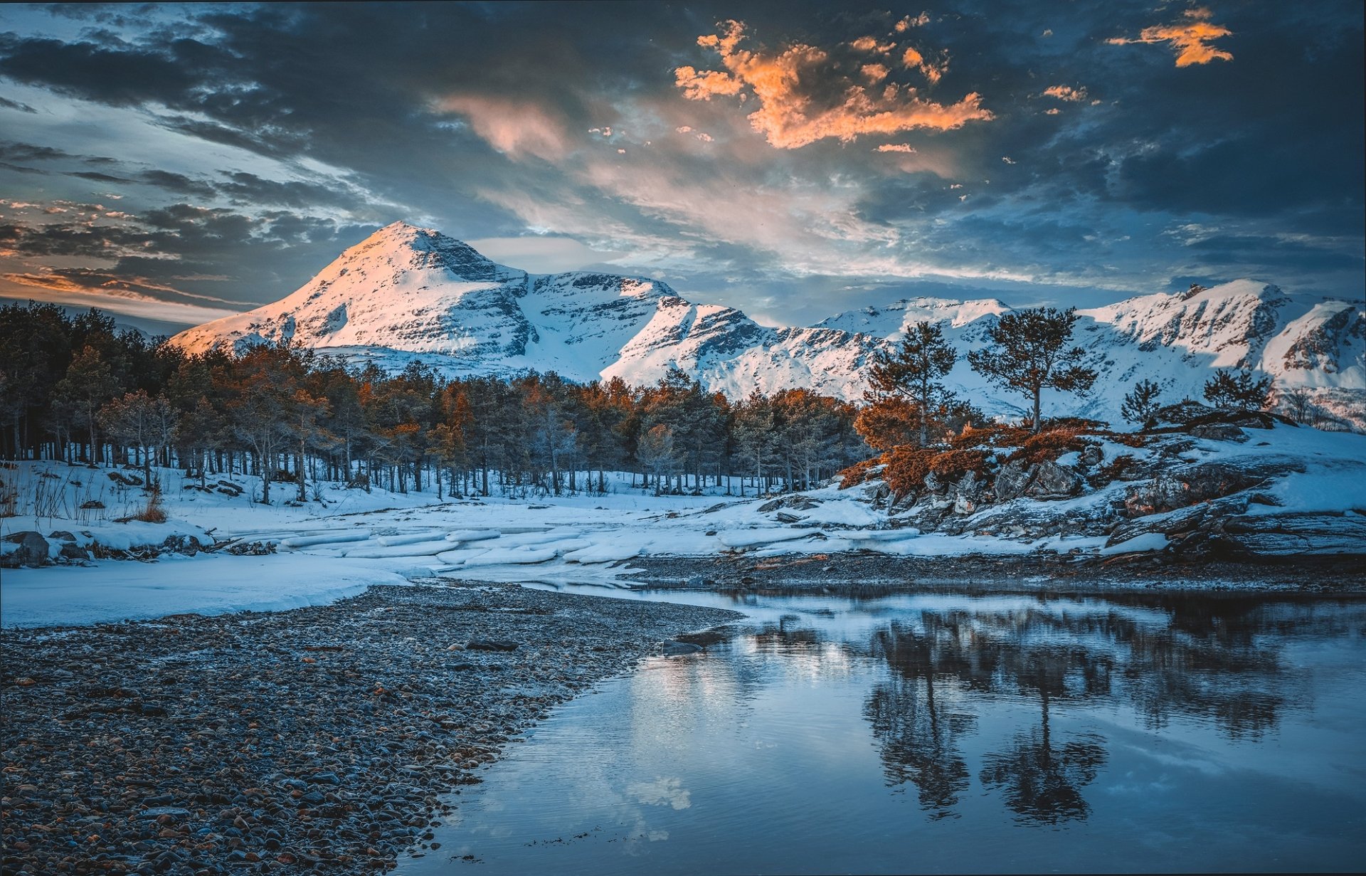 Early winter mountain snow landscape scene