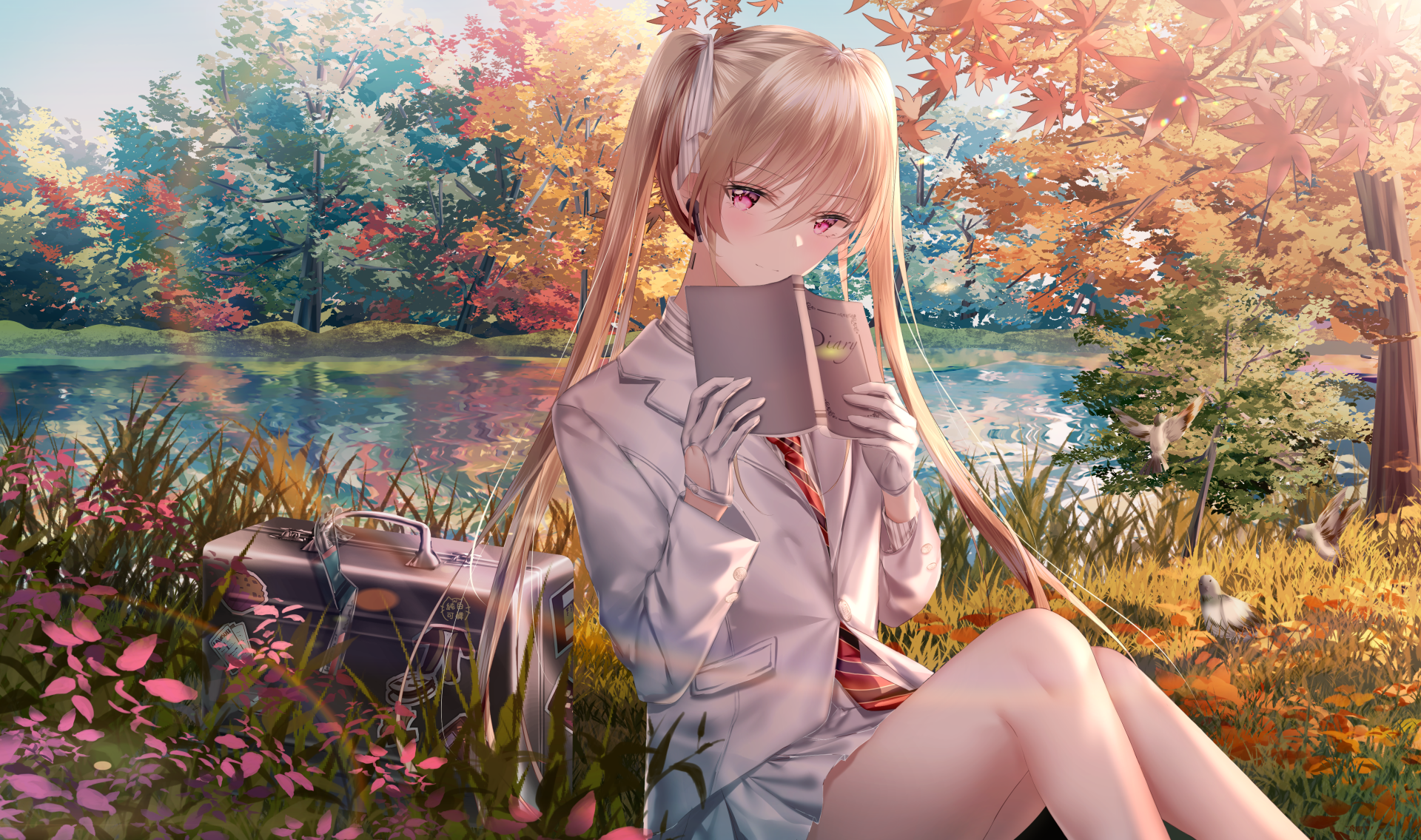 Anime-style original artwork of a girl in uniform sitting by a lake, surrounded by trees in vibrant autumn colors, rendered in 4K Ultra HD for PC desktop wallpaper.