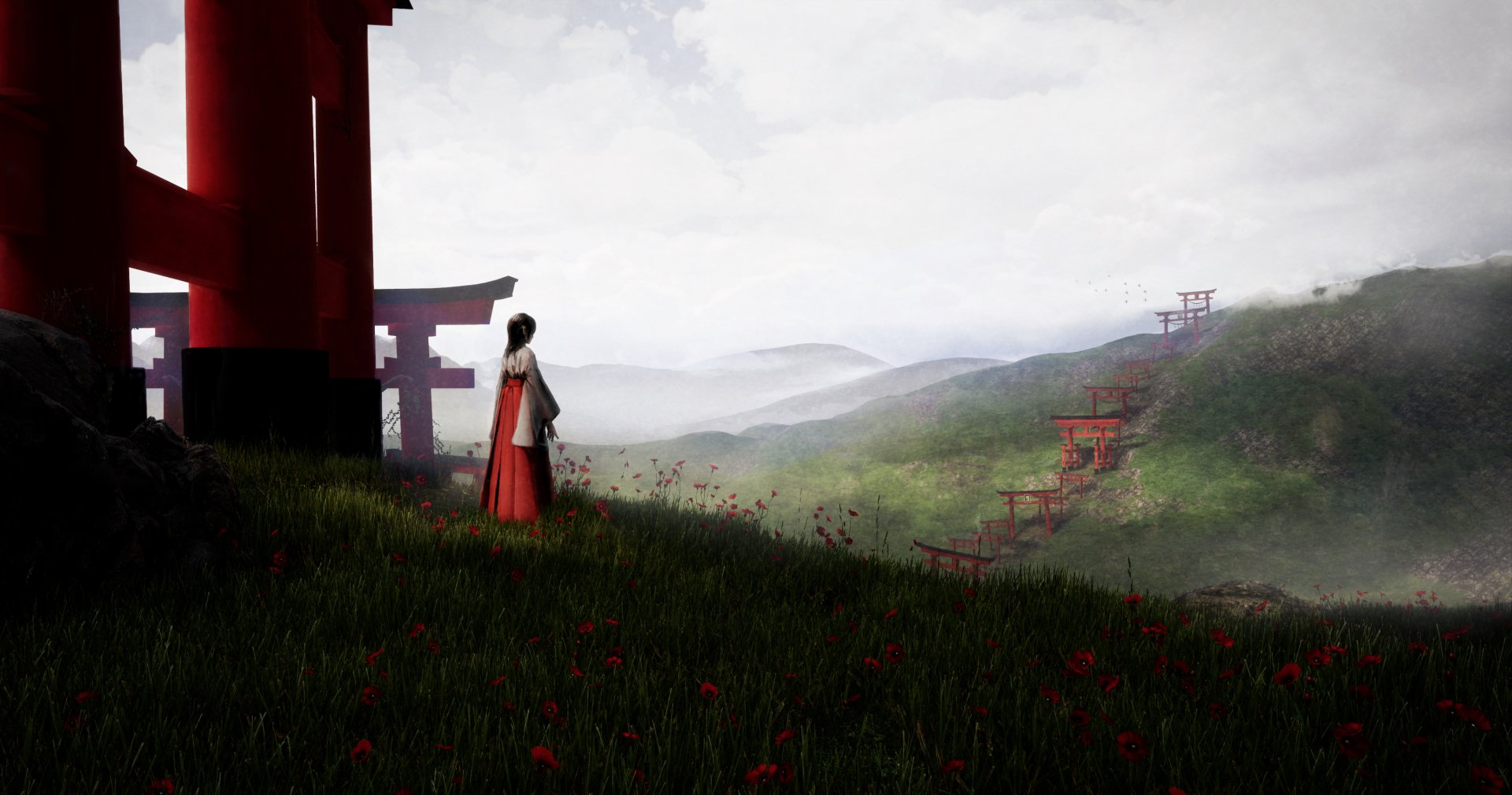 Anime-style HD desktop wallpaper featuring a serene shrine landscape with red torii gates winding through misty hills under a cloudy sky.