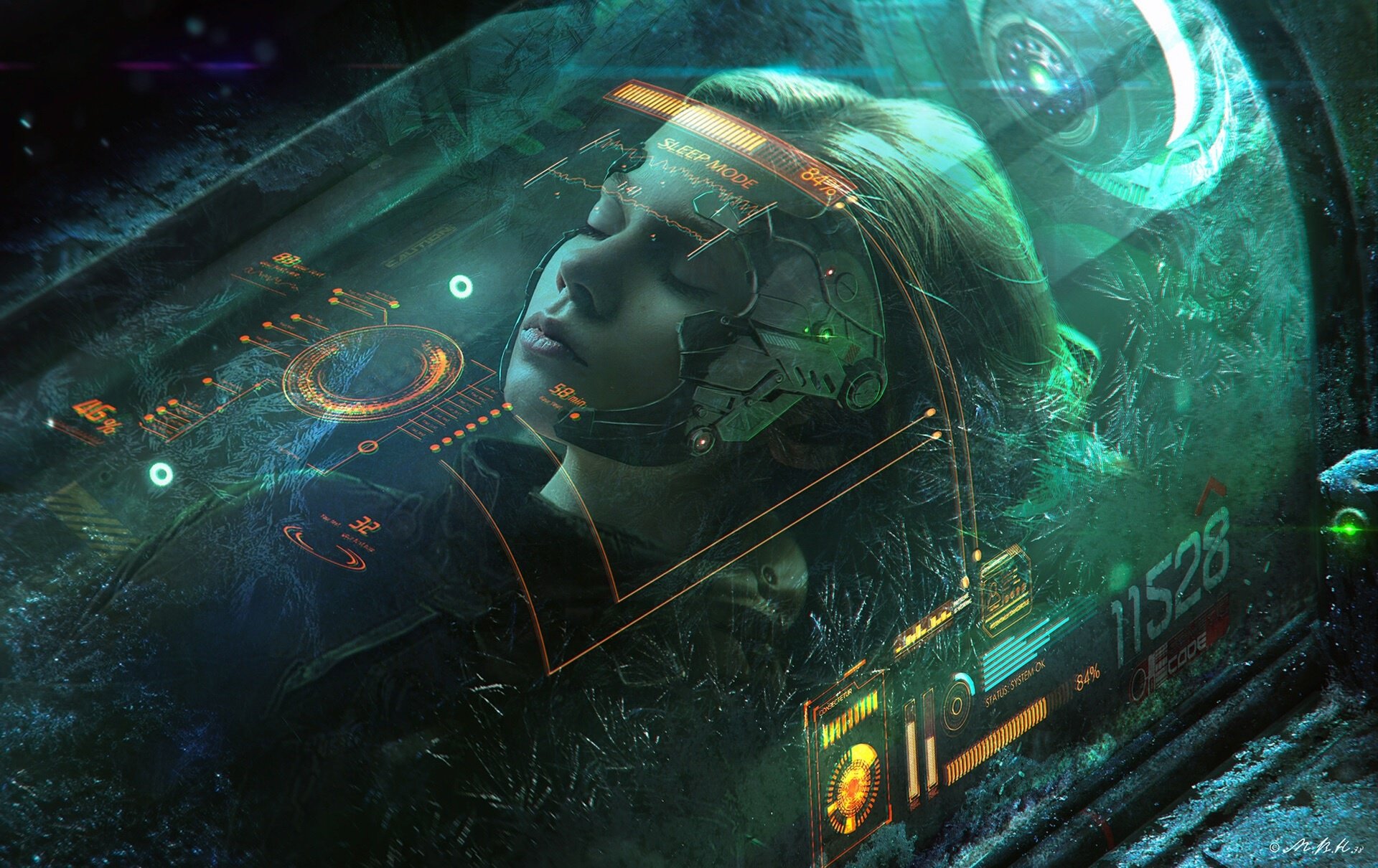 HD PC desktop wallpaper featuring a sci-fi cyborg woman with glowing digital interfaces and futuristic technology surrounding her in a dark, immersive setting.