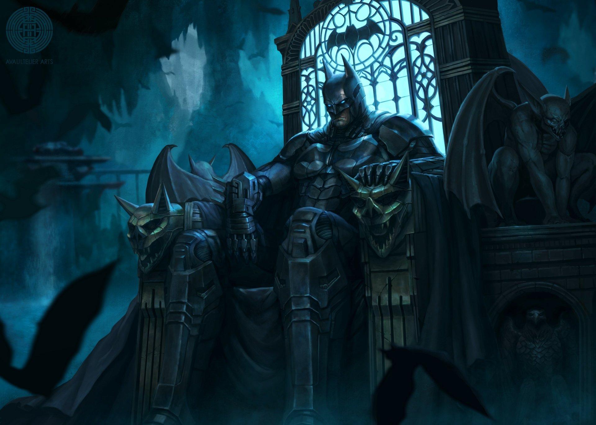 Dark, atmospheric 4K Ultra HD PC wallpaper featuring Batman seated on a gothic throne surrounded by gargoyle statues, embodying the intense mood of DC Comics.