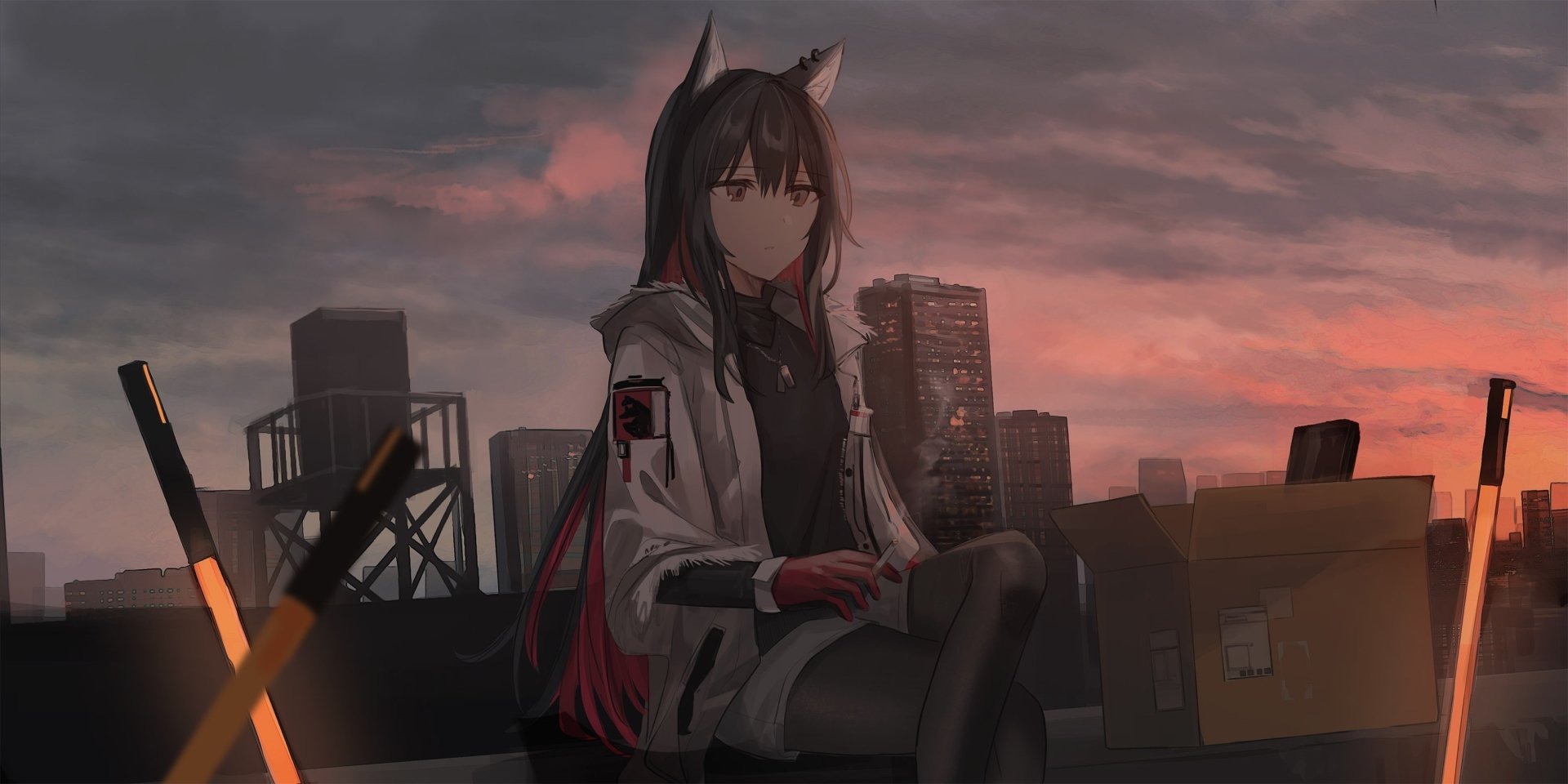 HD PC wallpaper featuring Texas from Arknights with long hair and animal ears, smoking against a sunset cityscape background.