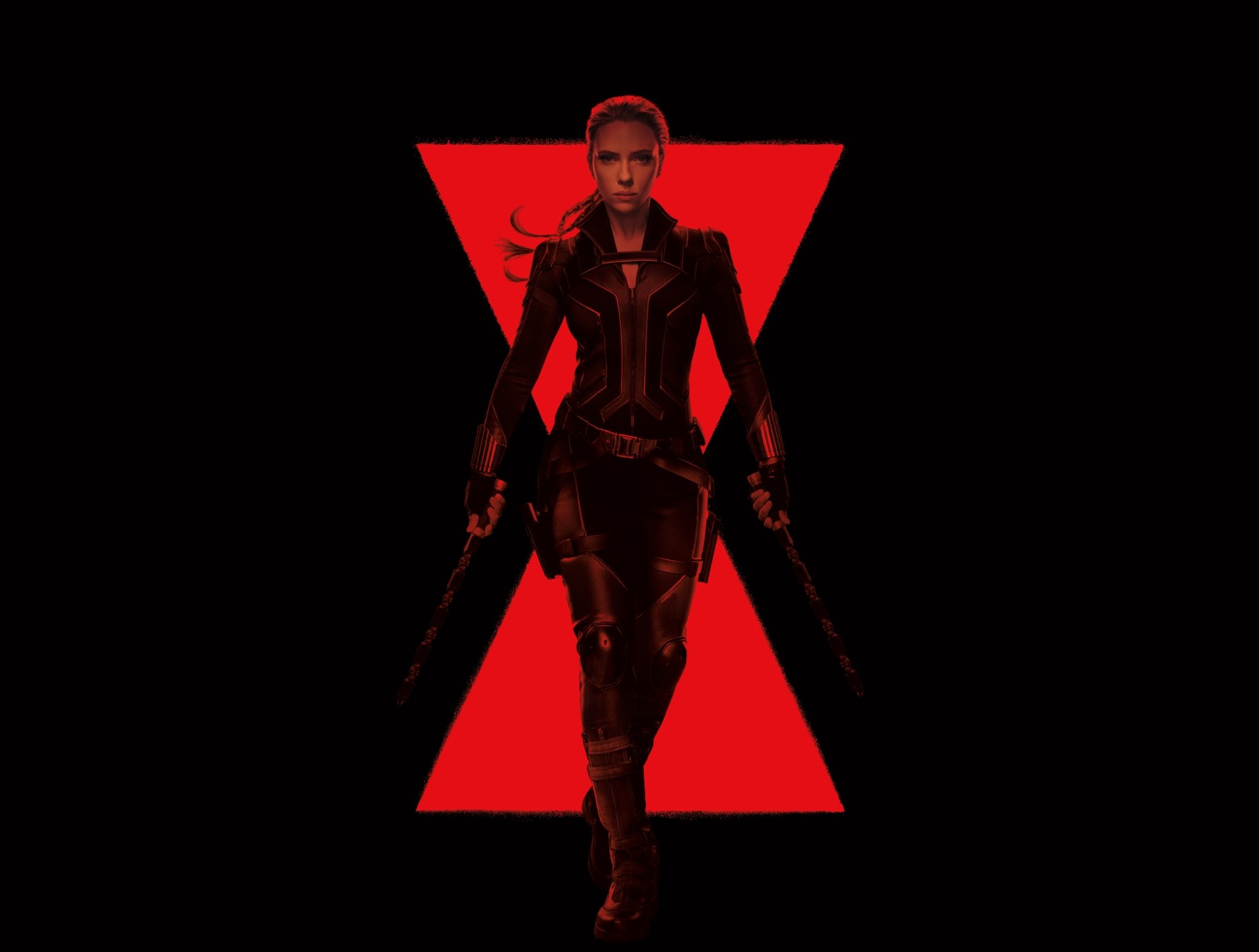 Scarlett Johansson as Natasha Romanoff featured in a Black Widow 4K Ultra HD PC desktop wallpaper with a striking red hourglass symbol background.