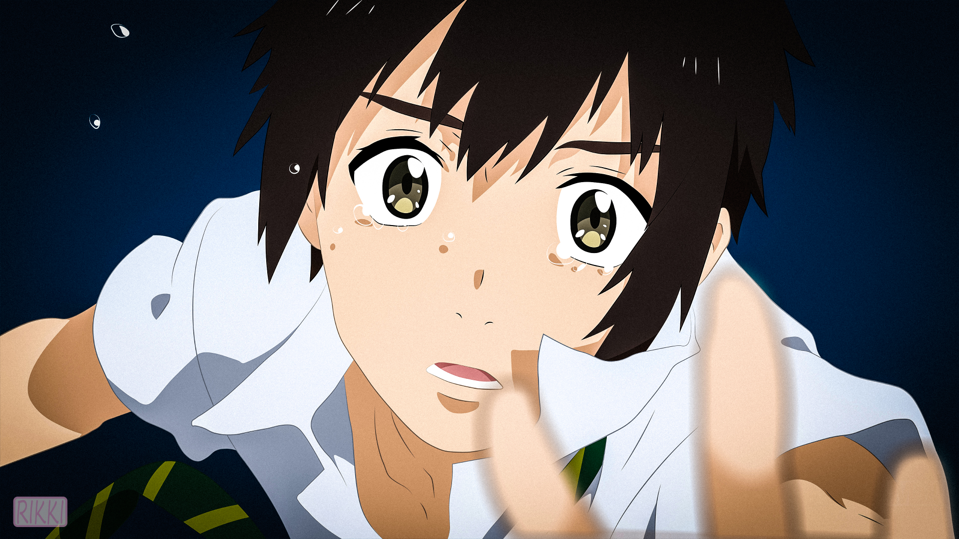 Minimalist 4K Ultra HD vector artwork of Taki Tachibana from Your Name., showing tears and emotional expression in an anime-style PC desktop wallpaper.