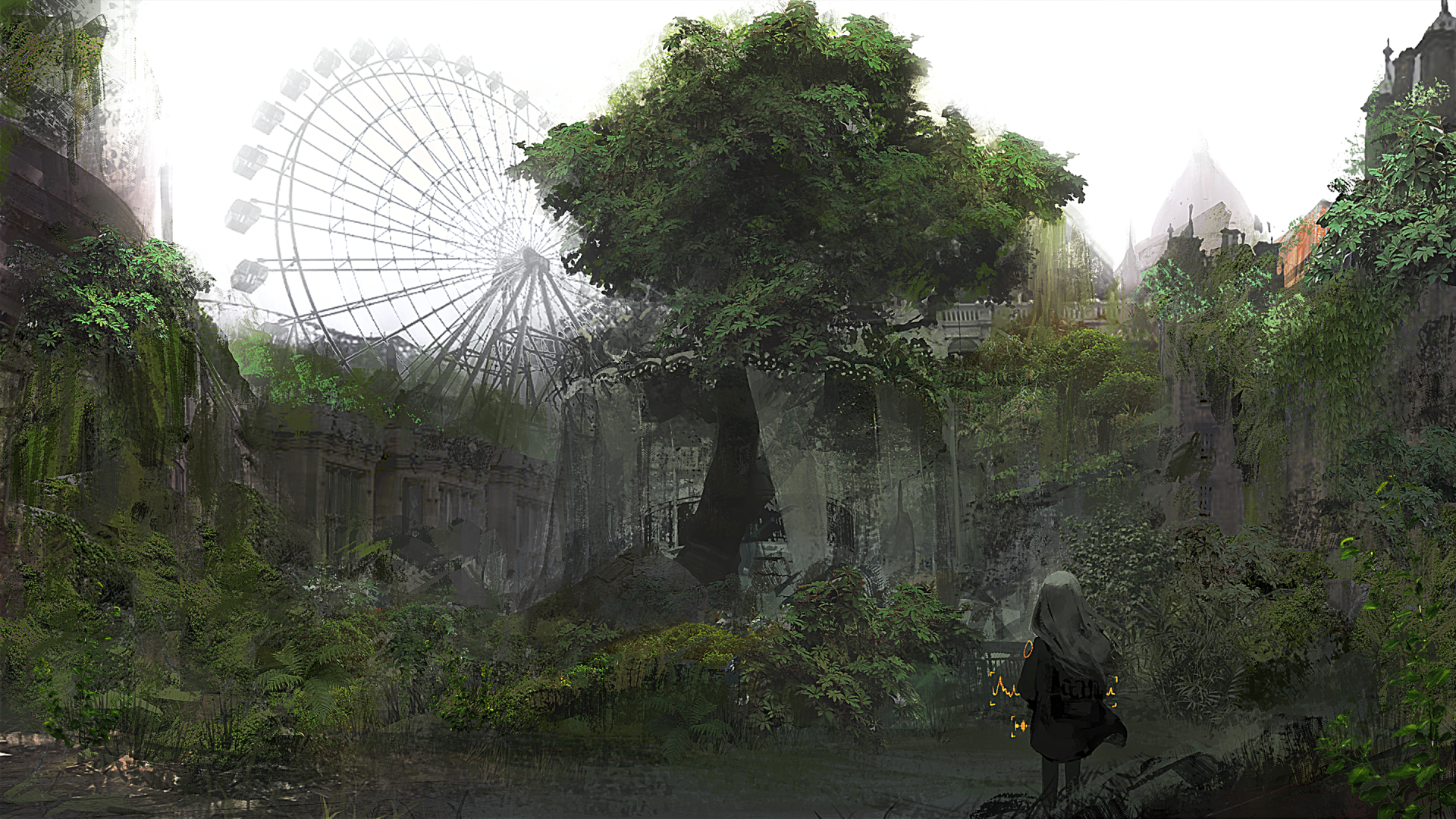HD anime-style desktop wallpaper depicting a large ferris wheel partially hidden by mist and overgrown greenery, with a lone figure standing near a massive tree in a mysterious landscape.