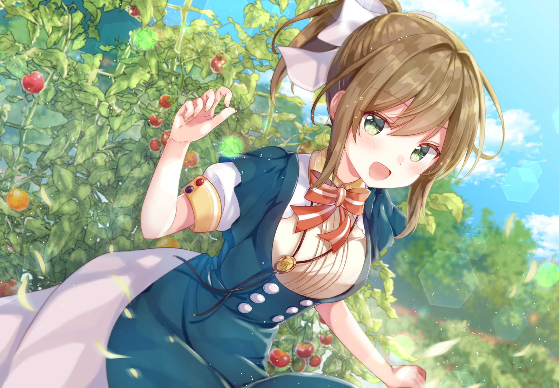 Anime-style girl with brown hair and green eyes picking fruit in a lush orchard, captured in vibrant colors for an HD PC desktop wallpaper.