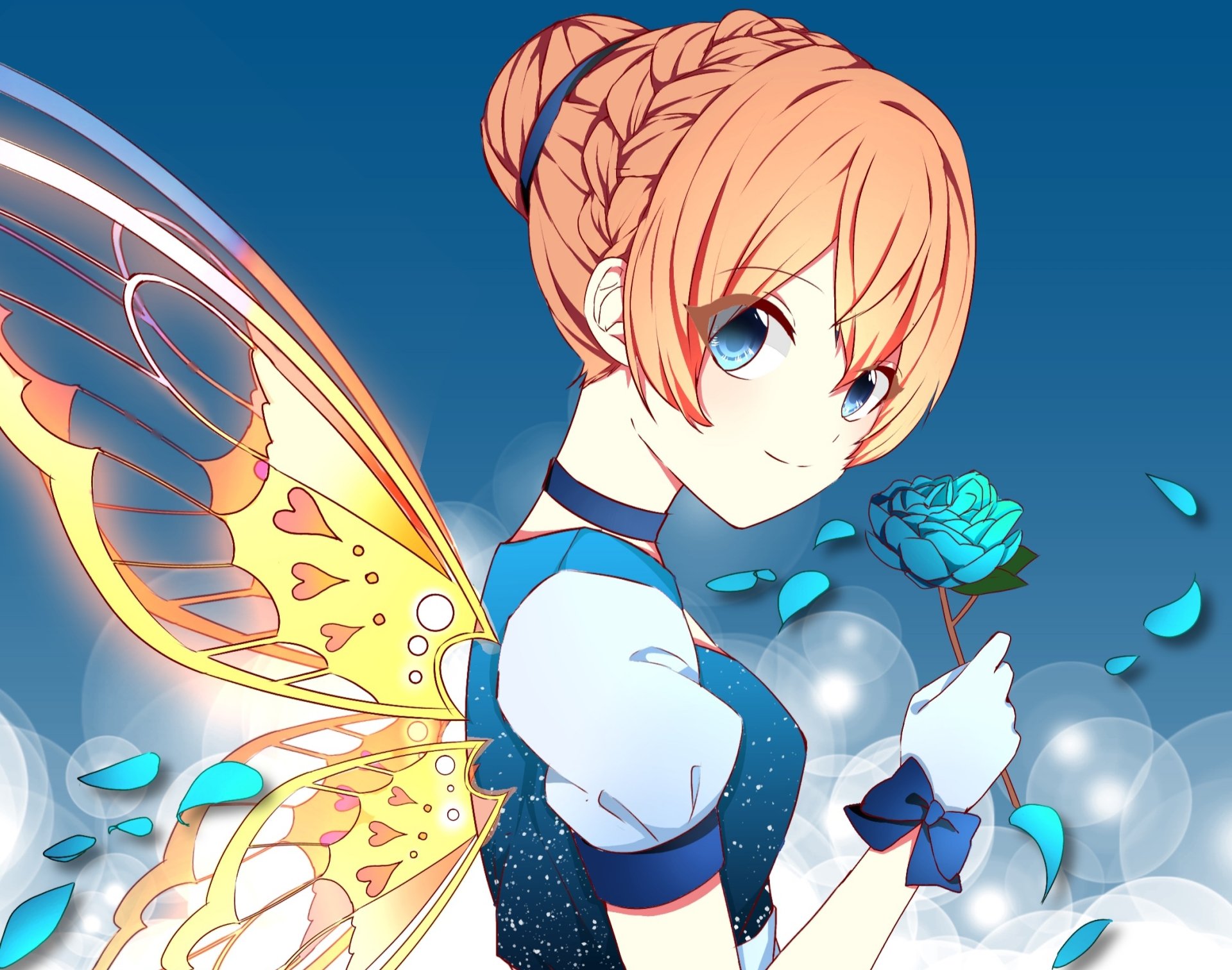 Download Wings Blue Eyes Orange Hair Flower Anime Original HD Wallpaper by 萌