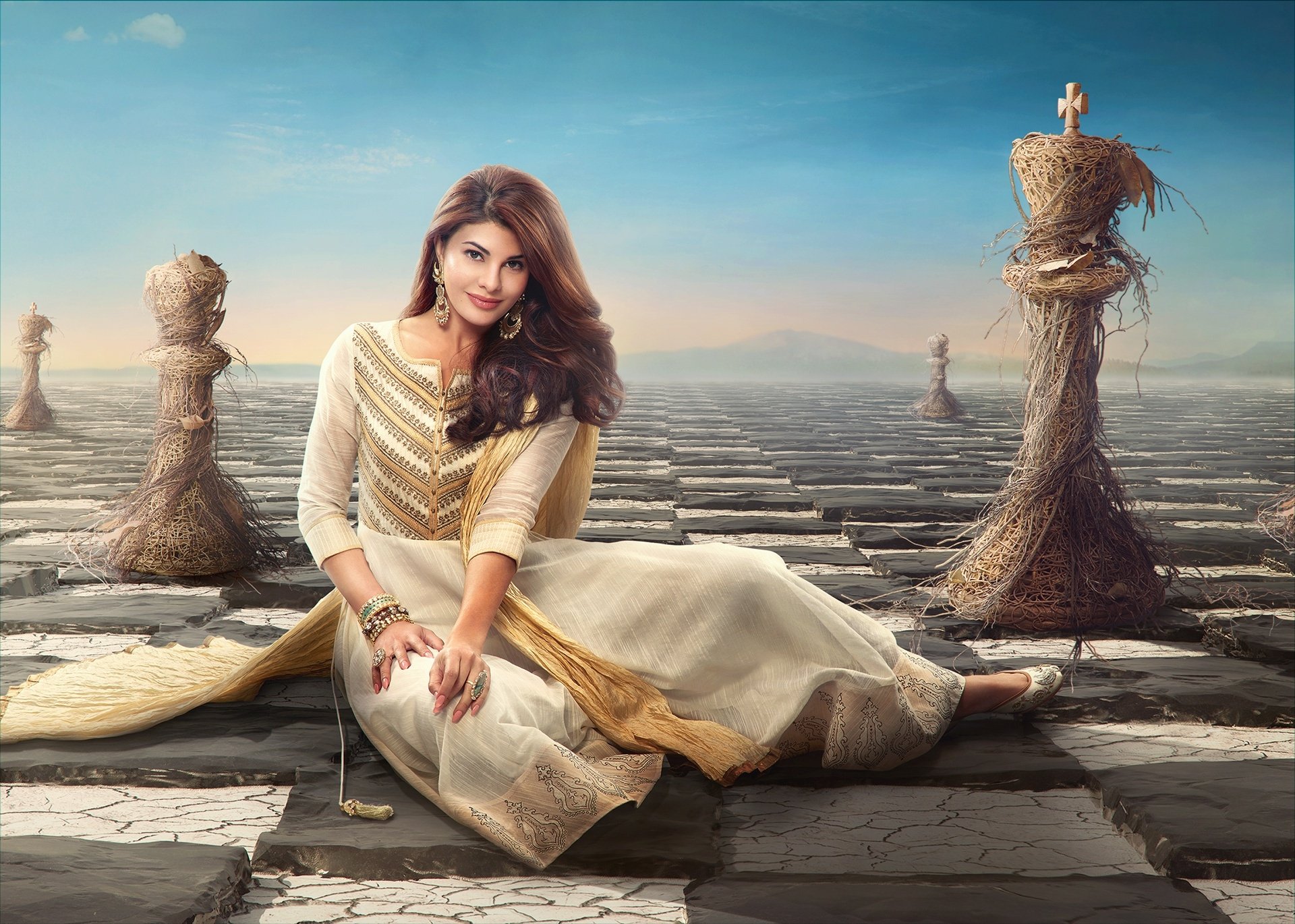 Download Earrings Chess Board Manipulation Dress Brunette Indian Woman Model HD Wallpaper