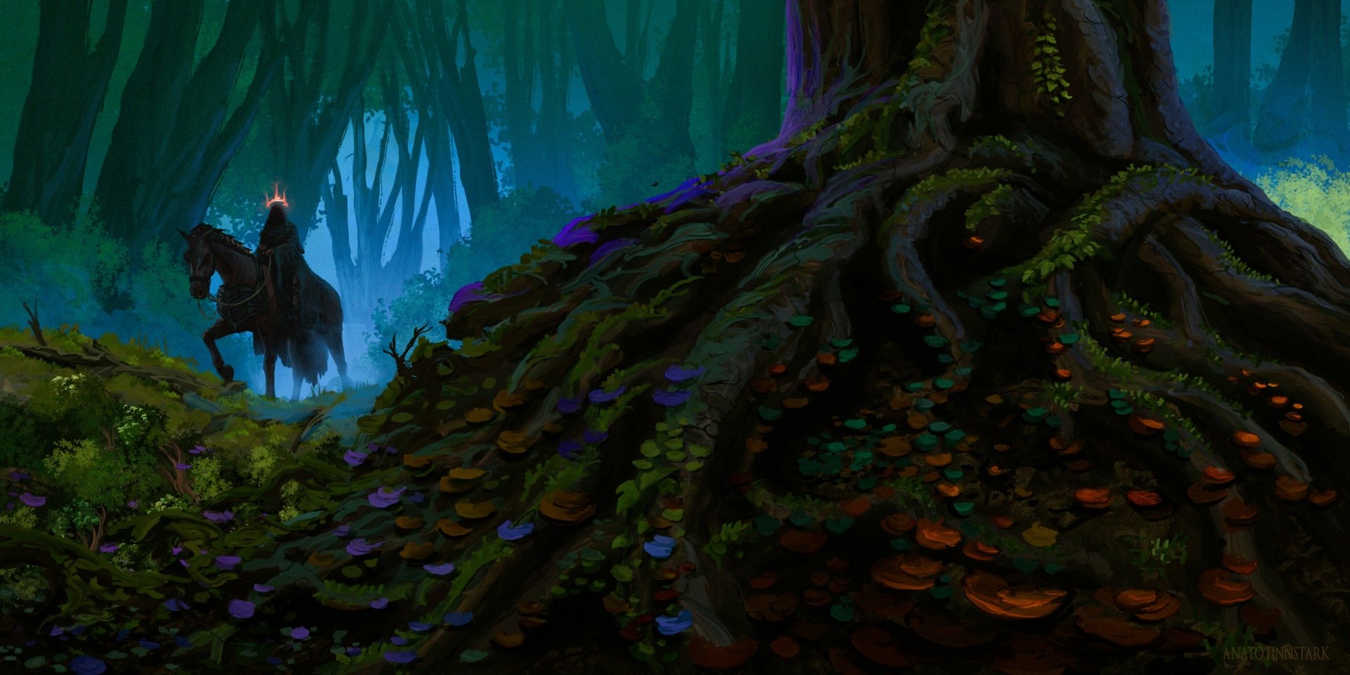 A dark Nazgûl on horseback emerges through a mystical forest, captured in a vivid HD fantasy scene from The Lord of the Rings, designed as a PC desktop wallpaper.