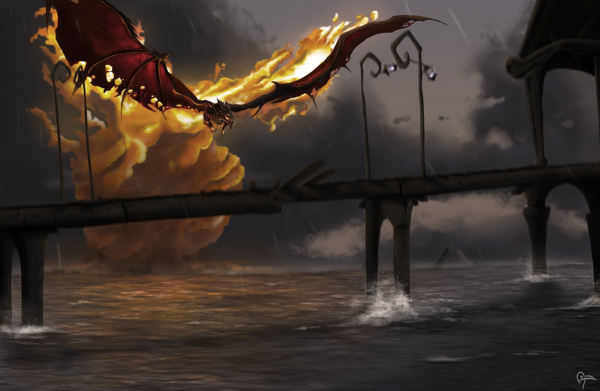 Fantasy dragon soars above a storm-tossed sea, wings ablaze over a broken pier — dramatic HD PC desktop wallpaper and background.