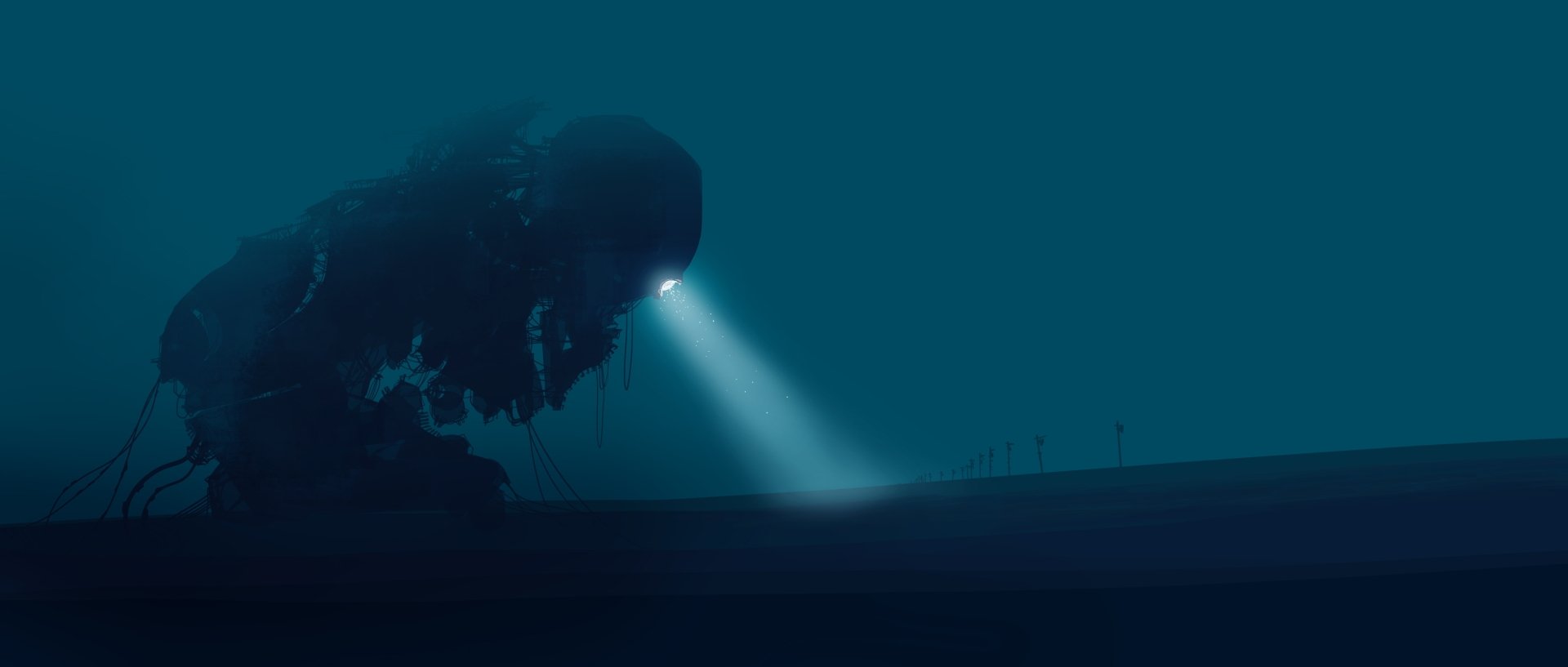 4K Ultra HD Sci-Fi desktop wallpaper featuring a mysterious alien figure illuminated by a bright light beam in a dark, eerie landscape.