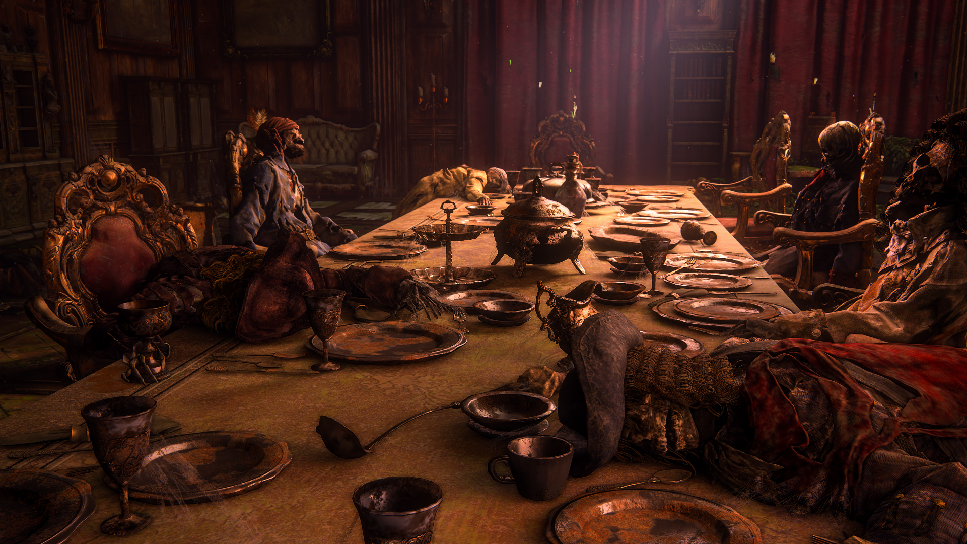 4K Ultra HD PC desktop wallpaper featuring a dimly lit, eerie banquet scene from the video game Uncharted 4: A Thief's End.