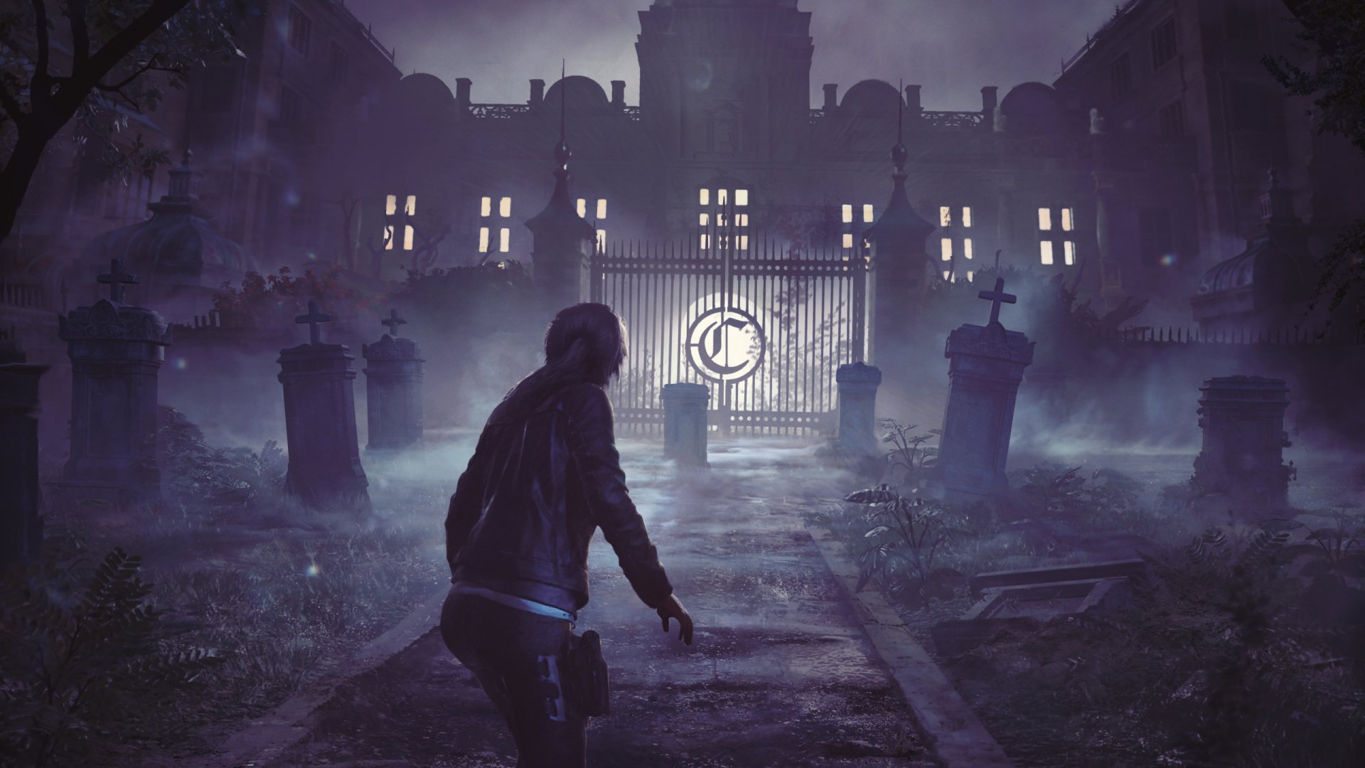 HD desktop wallpaper from Shadow of the Tomb Raider featuring Lara Croft approaching a foggy, eerie mansion gate at night.