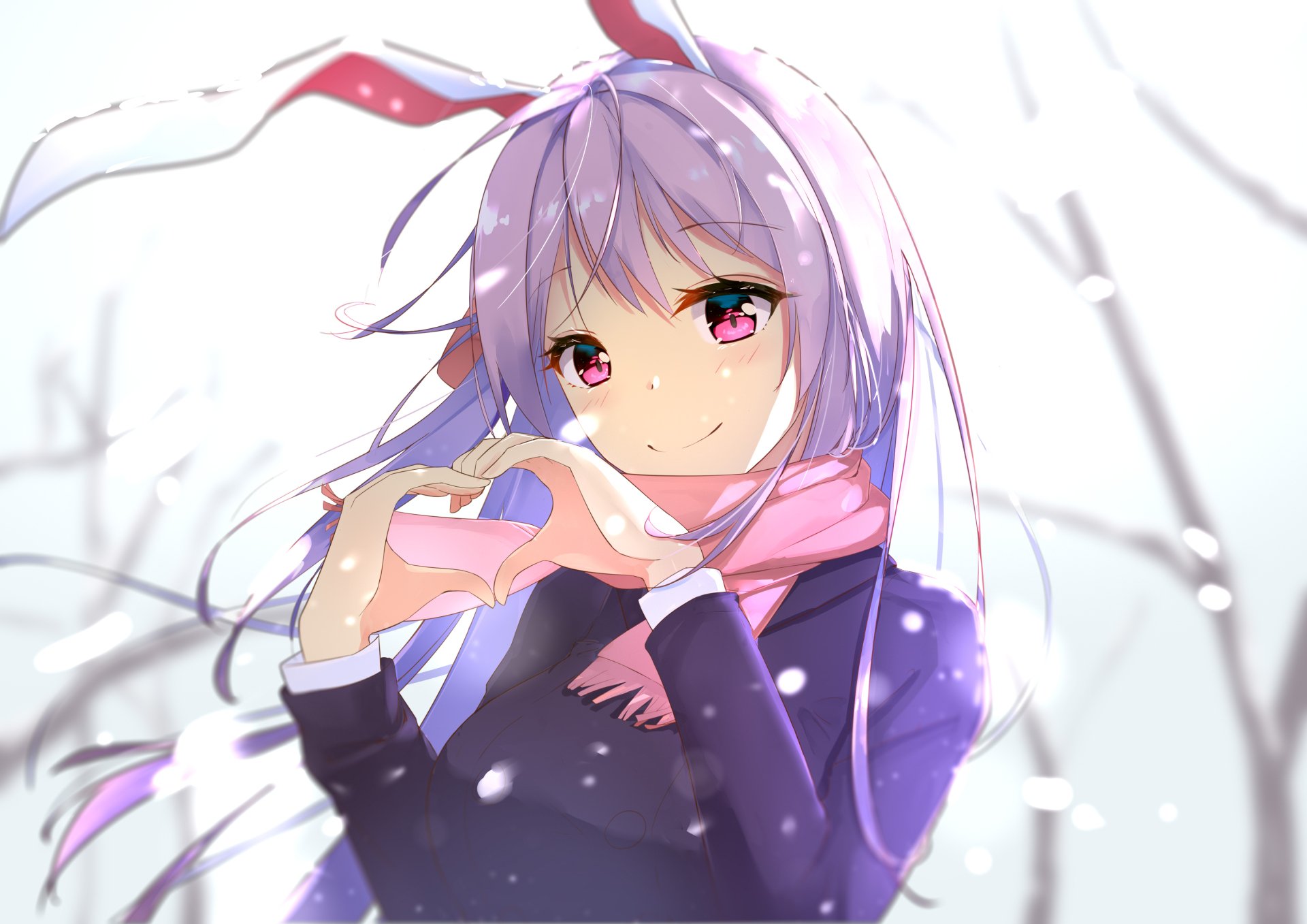 HD anime desktop wallpaper featuring Reisen Udongein Inaba from Touhou, depicted with purple hair and red eyes, making a heart shape with her hands in a snowy setting.