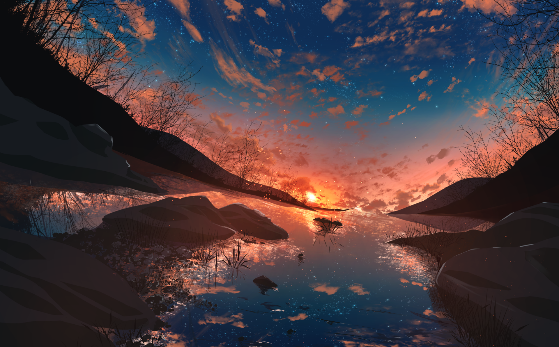 A serene anime-style river reflecting a vivid sunset sky. The HD wallpaper features warm colors and natural scenery, creating a tranquil desktop background.