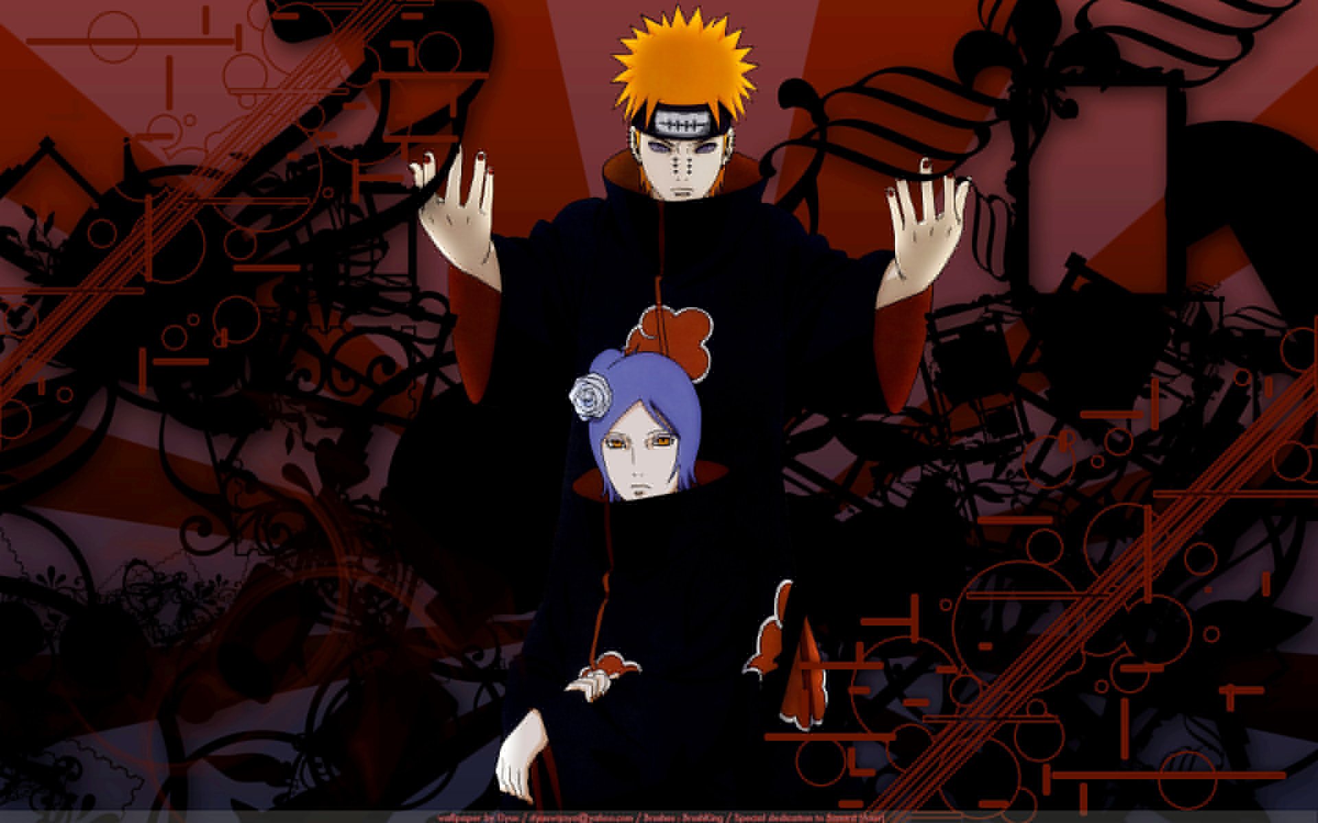 HD wallpaper featuring Konan and Pain from Naruto, set against a dynamic red and black background with abstract designs. Anime characters showcase their signature looks and expressions.