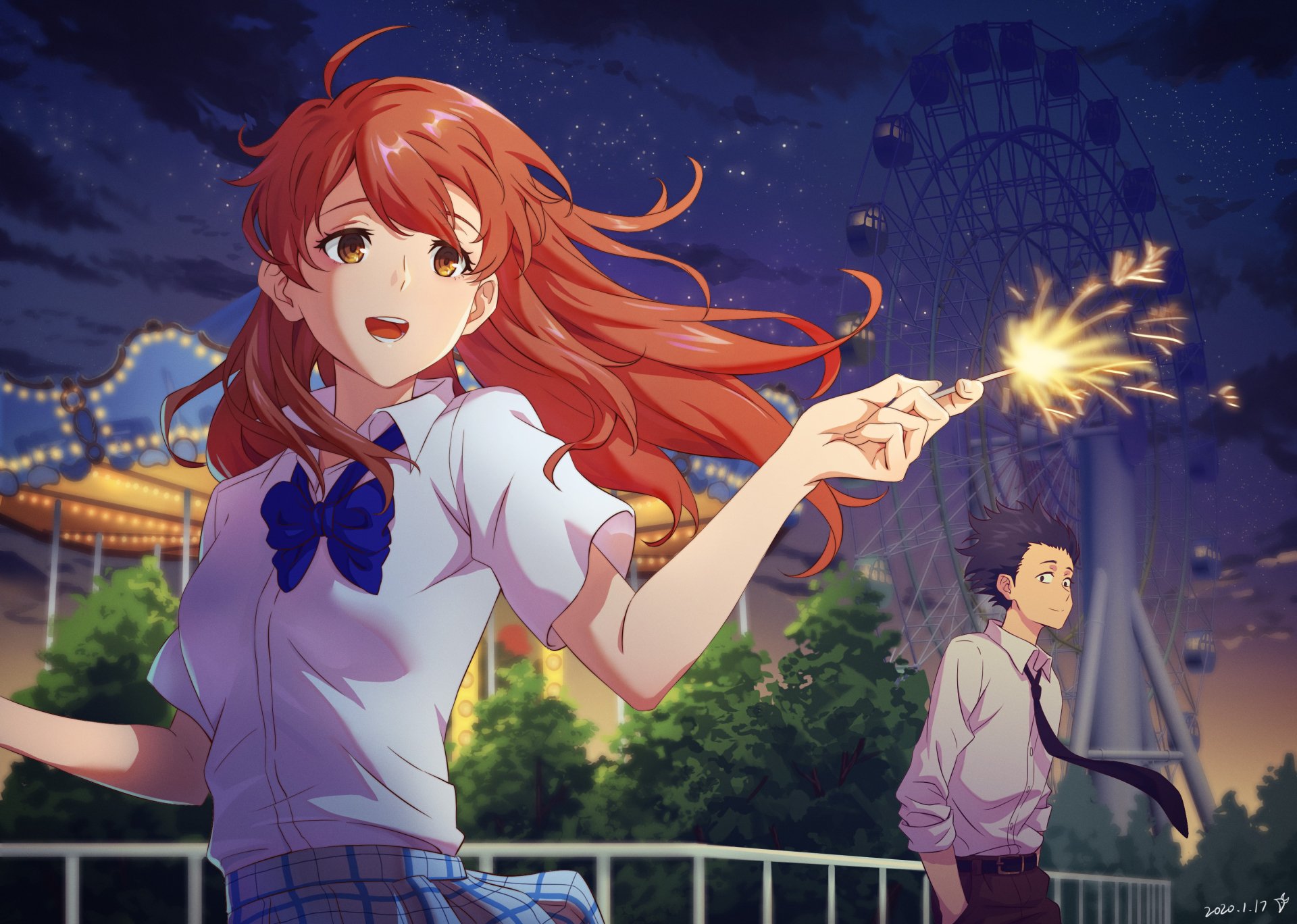 Download Luna Park Night Fireworks Ferris Wheel Shouya Ishida Shouko Nishimiya Anime A Silent Voice Anime Night HD Wallpaper by Diechong