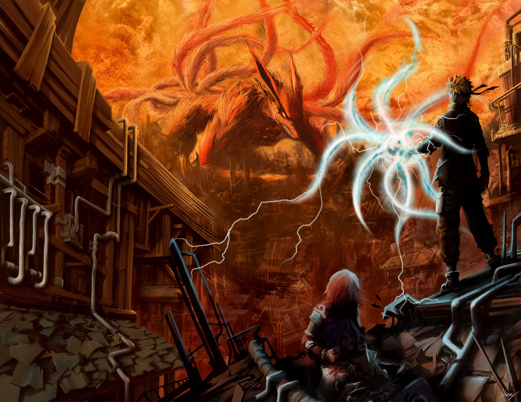 HD desktop wallpaper featuring Kurama, Sakura Haruno, Naruto Uzumaki, and Sasuke Uchiha from the anime Naruto. The scene depicts a dramatic, fiery background with intense action and vibrant colors.