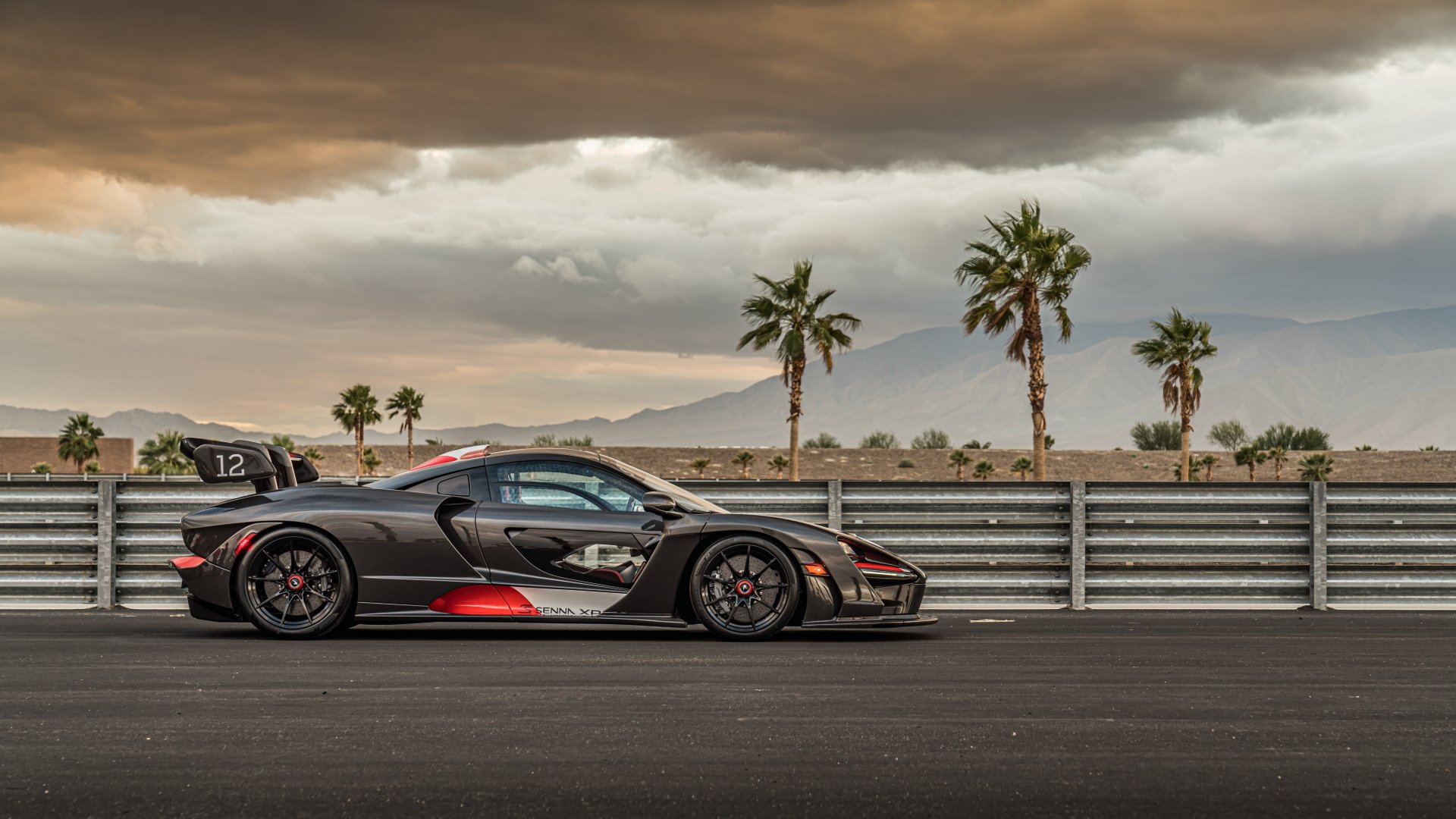 Side view of a black and red McLaren Senna supercar parked on a racetrack with palm trees and a cloudy sky in the background, captured in 8K Ultra HD quality.