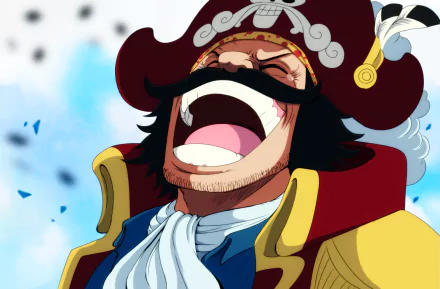 HD PC desktop wallpaper featuring Gol D. Roger from the anime One Piece, showcasing his iconic laughing expression with vibrant colors and dynamic background.