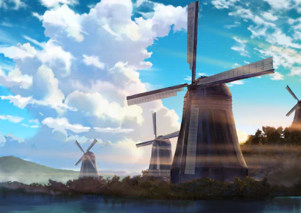 An HD anime-style wallpaper featuring windmills against a bright sky with fluffy clouds. The serene scene blends nature and machinery, creating a peaceful background.