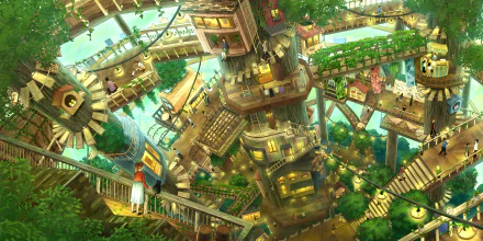 HD anime-style desktop wallpaper featuring a vibrant, detailed treehouse with interconnected wooden walkways and lush greenery in an original artistic design.