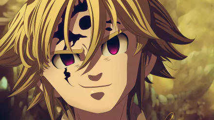 Close-up of Meliodas from The Seven Deadly Sins anime, featuring his blonde hair, distinctive facial markings, and a confident smile in a 4K Ultra HD desktop wallpaper.