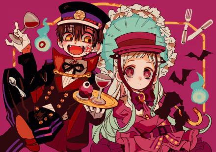 HD desktop wallpaper featuring Hanako-kun and Yashiro Nene from Jibaku Shounen Hanako-kun. The vibrant anime background showcases the characters in detailed, colorful attire against a decorative backdrop.