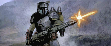 HD PC desktop wallpaper depicting The Mandalorian from the TV show, firing a large weapon against a smoky backdrop.