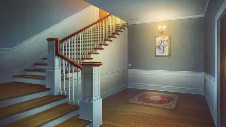 HD anime desktop wallpaper featuring a serene indoor room with wooden stairs, soft lighting, and classic decor, creating a calm and inviting anime room atmosphere.