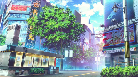 A vibrant anime cityscape featuring detailed buildings, lush green trees, and colorful billboards under a blue sky. This HD desktop wallpaper captures the essence of a bustling urban environment.