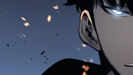 HD wallpaper featuring Sung Jin-Woo from Solo Leveling, depicted with glowing eyes amidst floating embers against a dark backdrop.