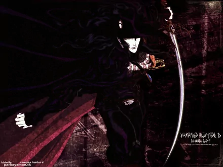 HD anime desktop wallpaper featuring Vampire Hunter D in a dynamic pose, cloaked in dark attire with a sword against a textured, shadowy background.