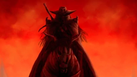 A striking HD desktop wallpaper featuring Vampire Hunter D, depicted as a shadowy figure on horseback against a dramatic red background.
