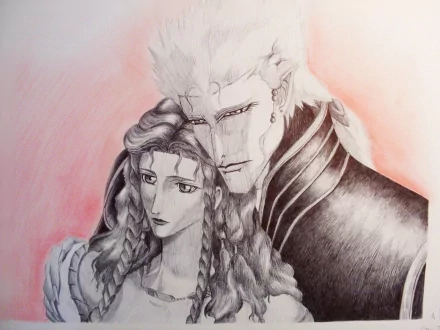 Anime-style HD PC wallpaper featuring two characters from Vampire Hunter D: a somber vampire with pale skin and a woman with braided hair against a soft pink background.