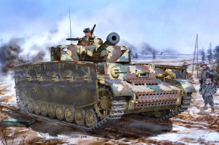 2K Quad HD PC desktop wallpaper of a camouflaged Panzer IV tank advancing through a snowy field with soldiers and smoke in the background.