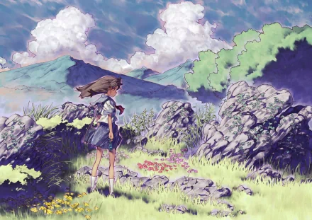 HD anime desktop wallpaper featuring an anime girl standing in a vibrant, rocky meadow under a sky filled with fluffy clouds and distant mountains.