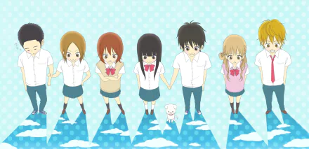Kimi Ni Todoke HD wallpaper: Sawako Kuronuma, Shota Kazehaya, Ryu Sanada, Chizuru Yoshida, Ayane Yano, Ume Kurumizawa, Kento Miura and pet Pedro standing against a polka-dot sky.