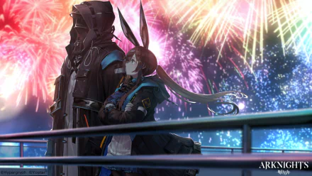 HD desktop wallpaper featuring Doctor and Amiya from the video game Arknights, with a backdrop of colorful fireworks.