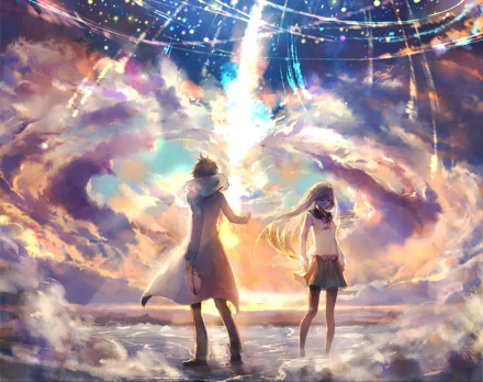 HD anime-style original artwork shows two characters standing under a vibrant sky filled with swirling clouds and radiant light beams, designed as a PC desktop wallpaper.