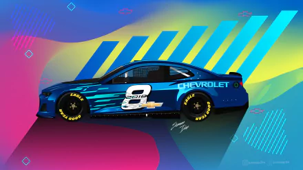 HD desktop wallpaper featuring a sleek, blue Chevrolet racing vehicle with the number 8 on the side, set against a vibrant, multicolored background.