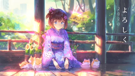 HD desktop wallpaper featuring an original anime character in a purple kimono sitting on a wooden porch with hamsters, surrounded by a serene forest background.
